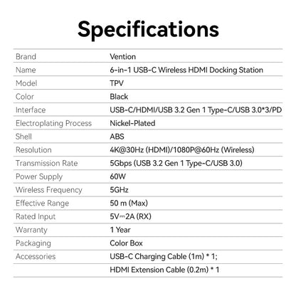 Vention 6'sı 1 arada USB-C Kablosuz HDMI™ Bağlantı İstasyonu
