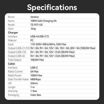<tc>Vention</tc> Chargeur GaN 4 ports USB (C + C + C + A) (100 W/100 W/30 W/30 W) gris avec câble USB-C vers USB-C (1 m) noir et prise américaine