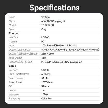 <tc>Vention</tc> 双口 USB (C + C) GaN 充电器 (45W/45W) 灰色，配 USB-C 转 USB-C 数据线 (1 米) 黑色欧标插头