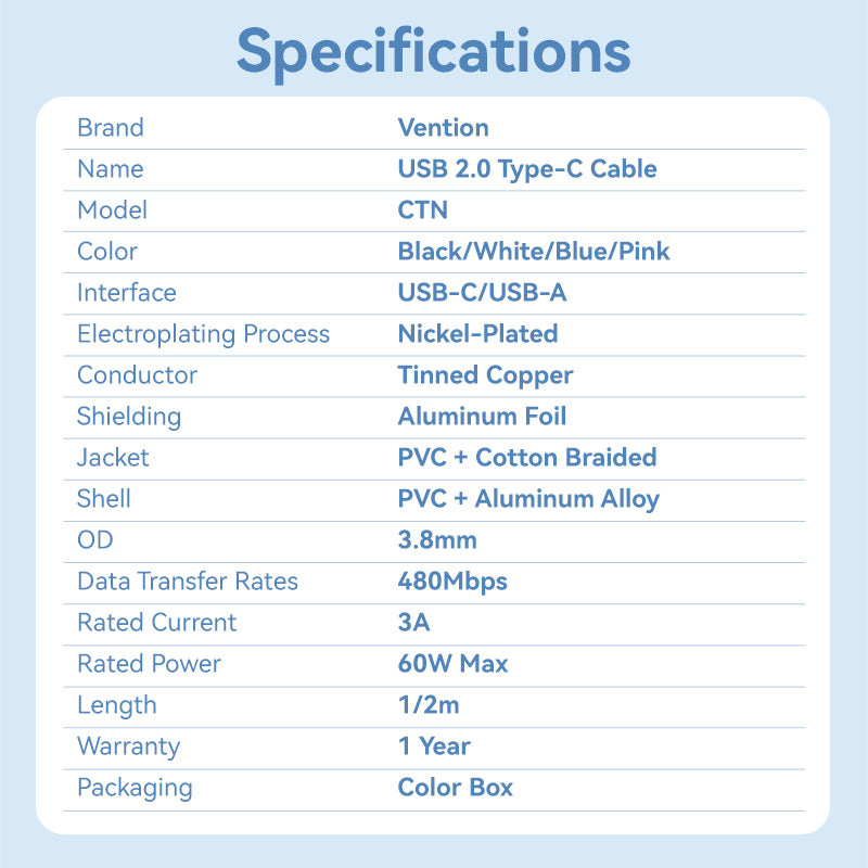 发华USB 2.0雄性到C雄性3A电缆铝合金类型