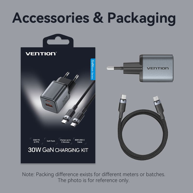 Vention 2-Port USB (C + A) GaN Charger (30W/18W) Gray with USB-C to USB-C Cable (1M) Black EU-Plug