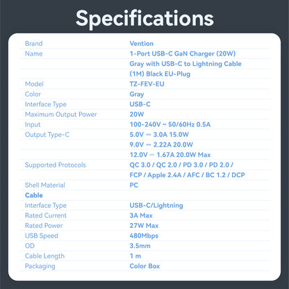Vention 1 Portlu USB-C GaN Şarj Cihazı (20W) Gri, USB-C - Lightning Kablosu (1M) Siyah AB Fişi ile birlikte