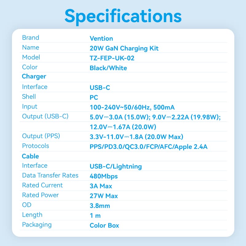 1-Port USB-C GaN Charger (20W) with USB-C to Lightning Cable (1M) UK-Plug