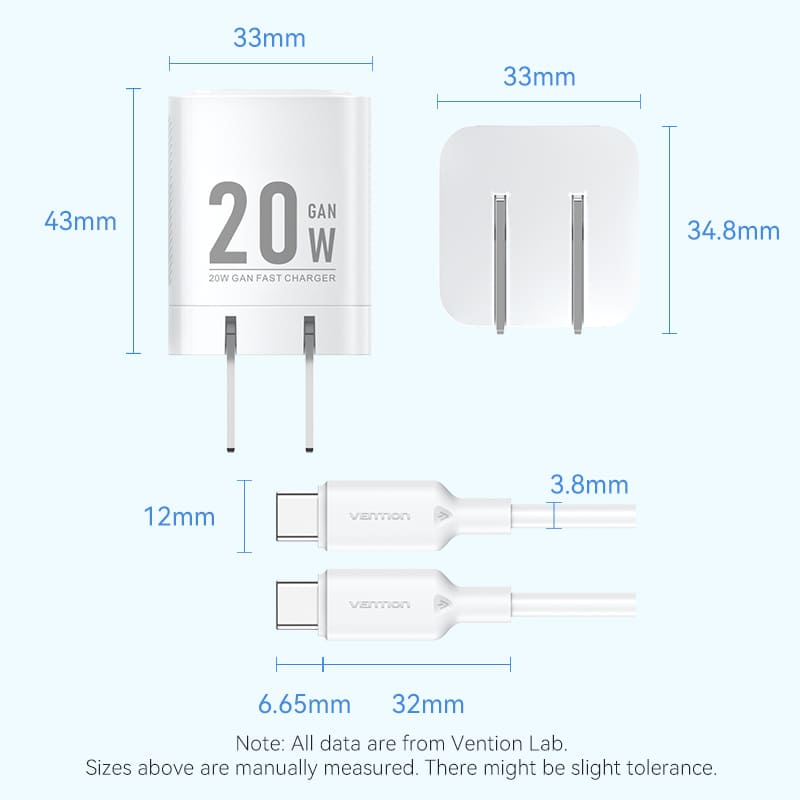 1-Port USB-C GaN Charger (20W) with USB-C to USB-C Cable (1M) US-Plug