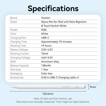 <tc>Vention</tc> Lápiz óptico para iPad con rechazo de palma &  Interruptor táctil blanco