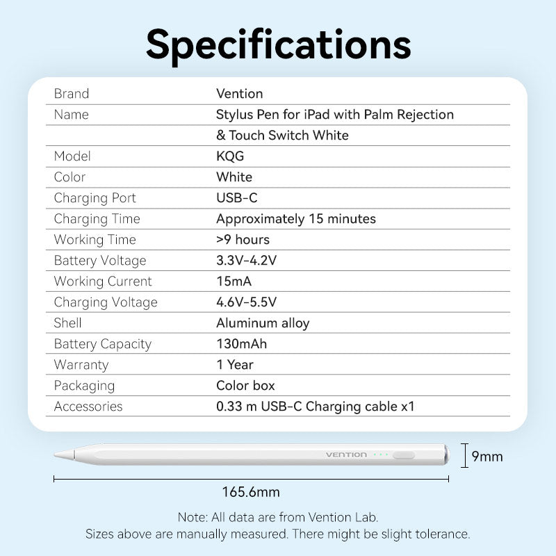 Vention Stylus Pen for iPad with Palm Rejection & Touch Switch White