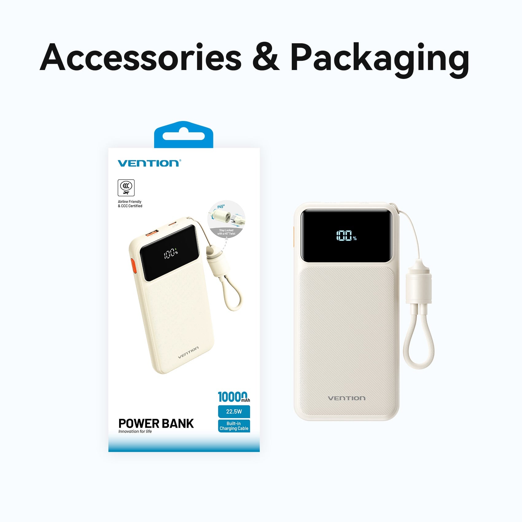 Vention 10000mAh Power Bank (USB-C + USB-A) with Built-in Cable 22.5W LED Display Type