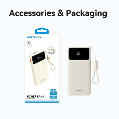 Vention 10000mAh Power Bank (USB-C + USB-A) with Built-in Cable 22.5W LED Display Type