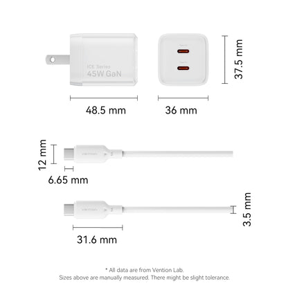 Vention 2-Port USB (C + C) GaN Charger (45W/45W) with 5A USB-C to USB-C Cable  US-Plug Gray