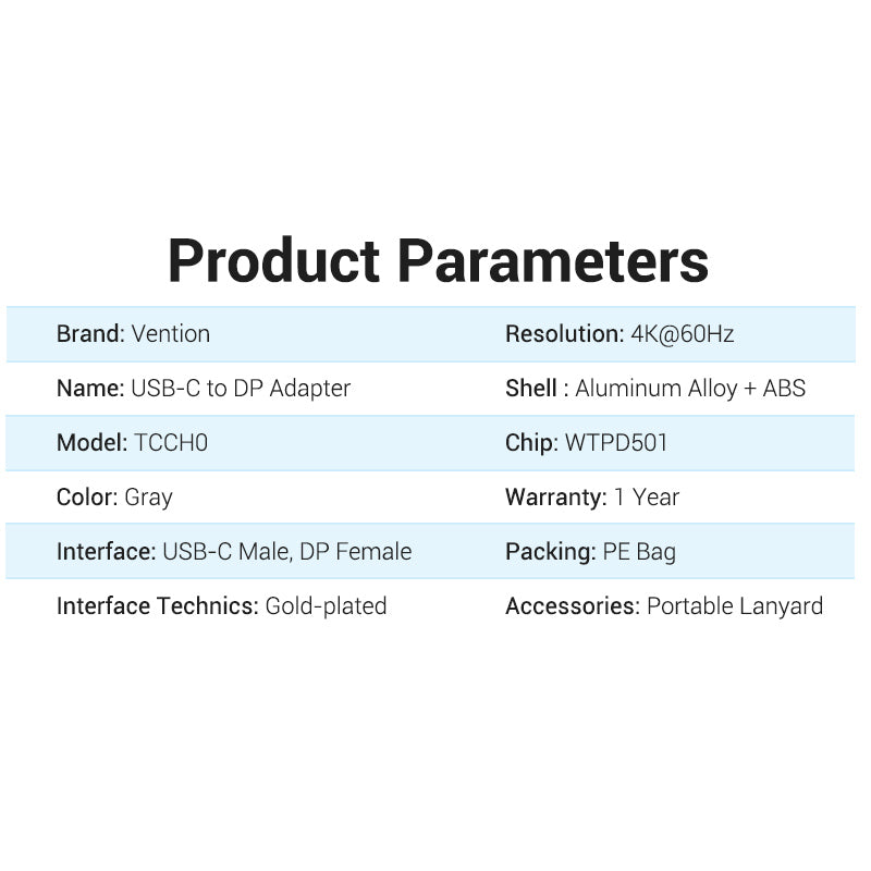 Vention Type-C to DP Adapter Gray Metal Type