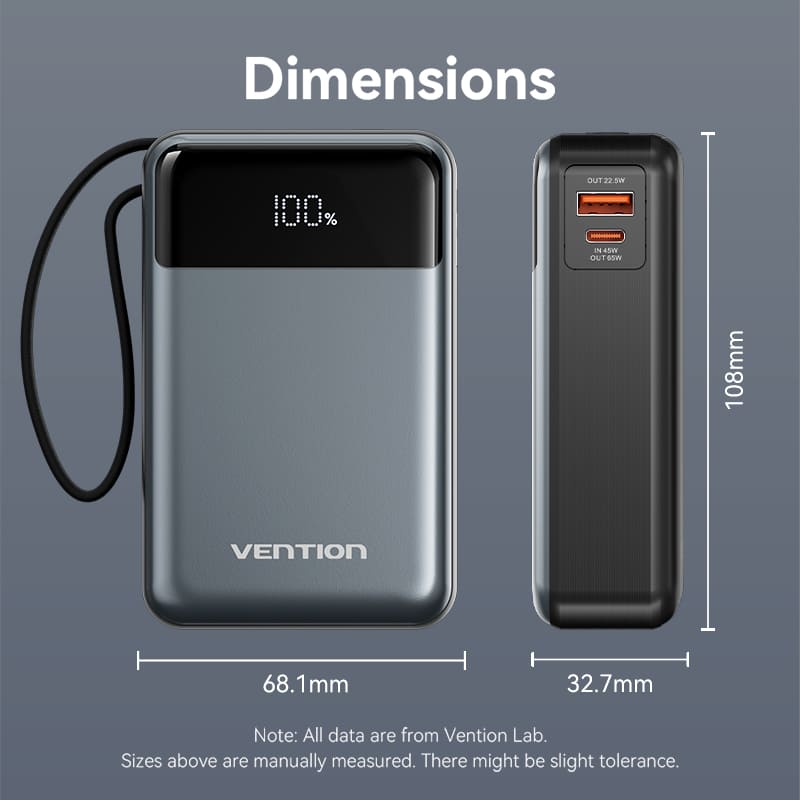 20000mAh Power Bank (USB-C + USB-C/USB-A) with Built-in USB-C Cable 65W Black LED Display Type