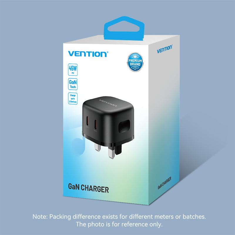 Vention USB de 2 puertos (C + C) Gan Charger (45W/45W) UK-PLUG NEGRO