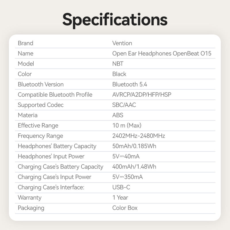 Vention Kabelloser Bluetooth-Kopfhörer mit offenem Ohr OpenBeat O15 Schwarz