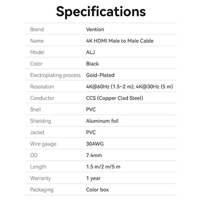 Vention HDMI™-A Male to Male 4K HD Cable 1.5M Black