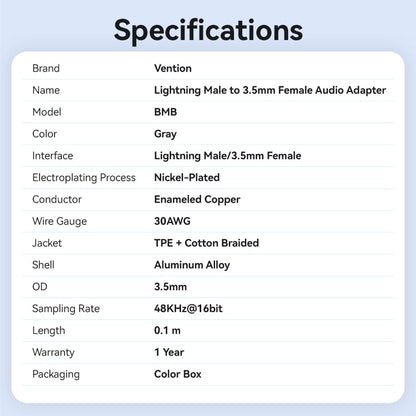 Vention Cotton Braided Lightning Male to 3.5MM Earphone Jack Adapter Aluminum Alloy Type