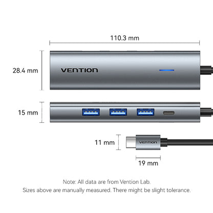 <tc>Vention</tc> USB-C 转 HDMI/USB 3.0*3/PD 扩展坞 0.15M 灰色铝合金型