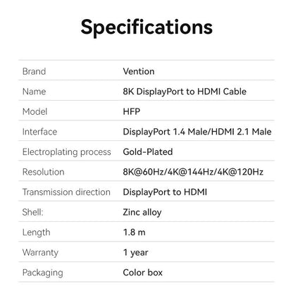 <tc>Vention</tc> 棉质编织 8K DisplayPort 公头转 HDMI 公头数据线 1.8M 黑色锌合金