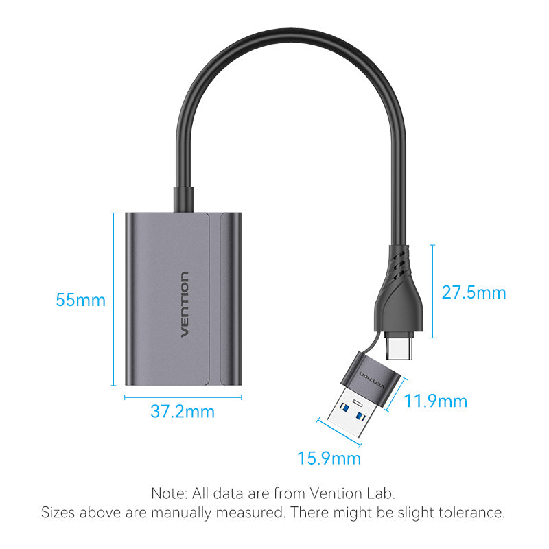 USB-C + USB-A 转 HDMI 转接头 0.15M 灰色铝合金型