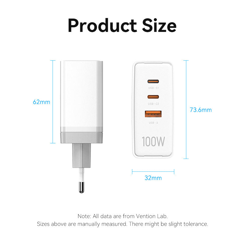 Vention 3-Port USB (C+C+A) GaN Charger (100W/100W/30W) EU-Plug