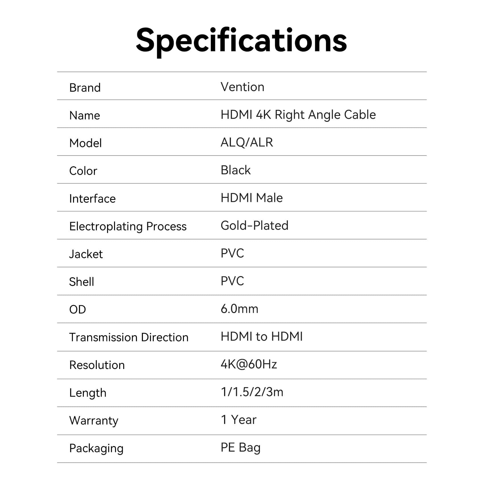 Vention HDMI™-A Male to Male 4K HD Right Angle Cable 270 Degree