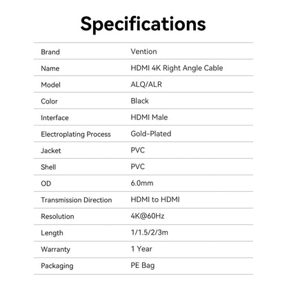 Vention HDMI™-A Male to Male 4K HD Right Angle Cable 90 Degree