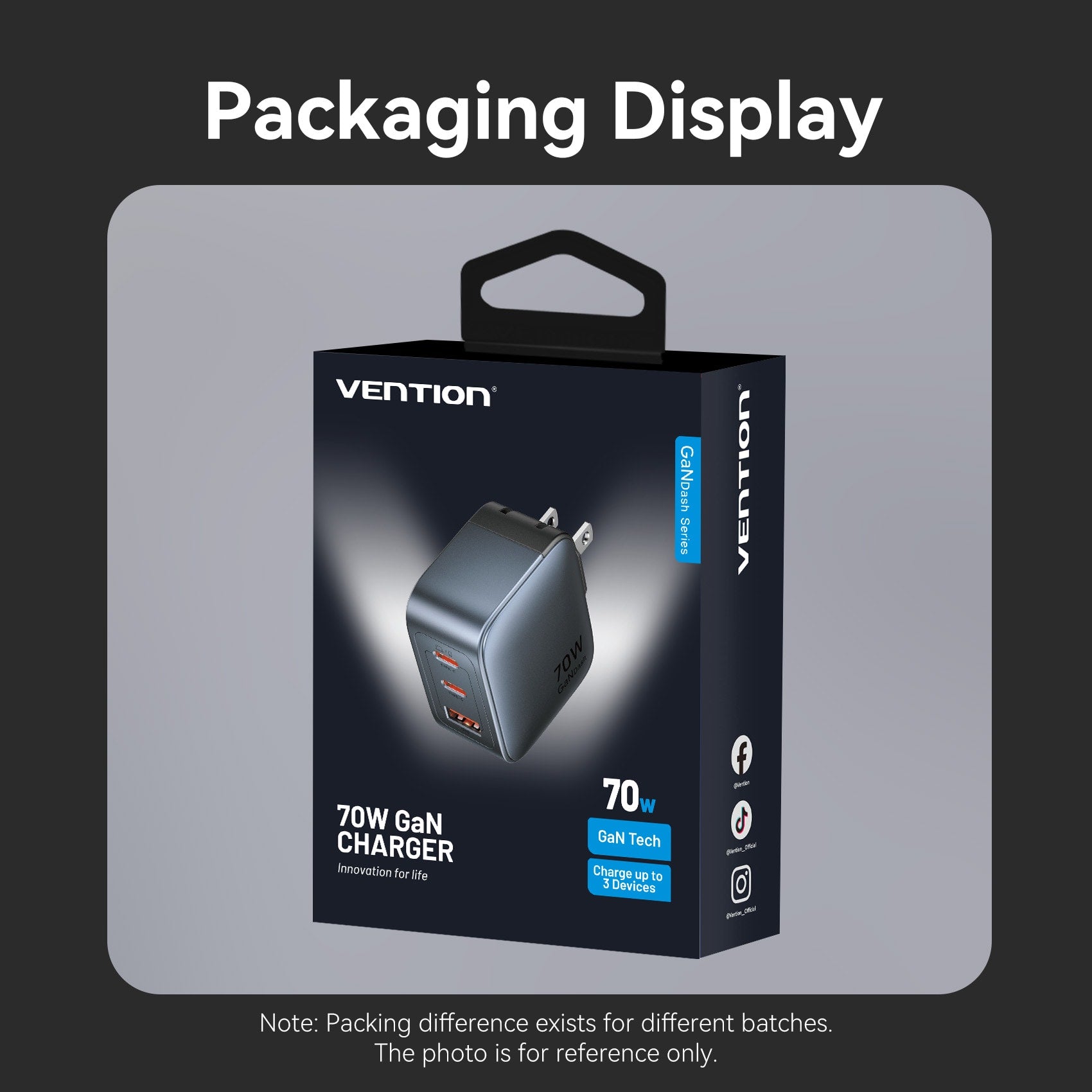 Vention 3-Port USB (C+C+A) GaN Charger (70W/70W/22.5W) US-Plug Gray