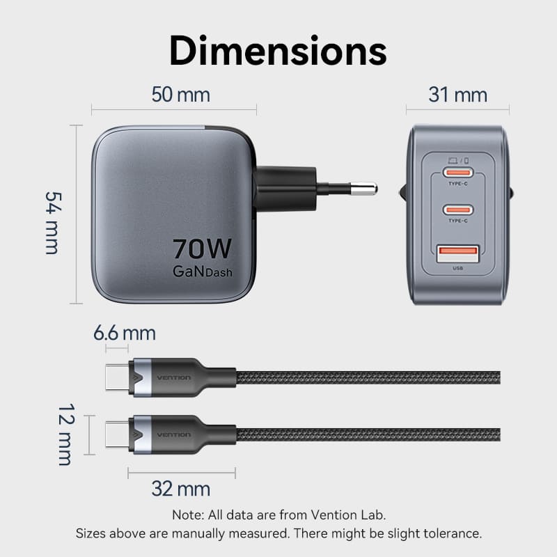 Vention 3-Port USB (C+C+A) GaN Charger (70W/70W/22.5W) Gray with USB-C to USB-C Cable (1M) Black EU-Plug