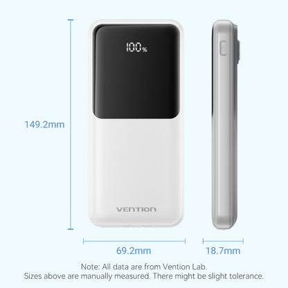 Vention 10000mAh Power Bank with Built-in USB-C and Lightning Cables 22.5W Black LED Display Universal Type