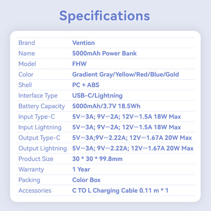 <tc>Vention</tc> Batterie externe compacte de 5 000 mAh avec câble intégré – États-Unis uniquement