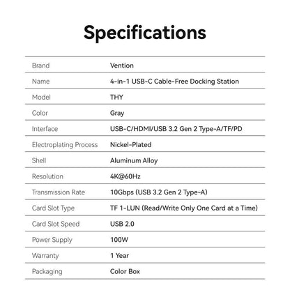 Vention 4'ü 1 arada USB-C Kablosuz Bağlantı İstasyonu