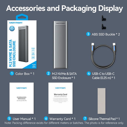 <tc>Vention</tc> M.2 NVMe &amp; SATA SSD 硬盘盒 (USB 3.2 Gen 2-C) 带散热片 灰色铝合金材质