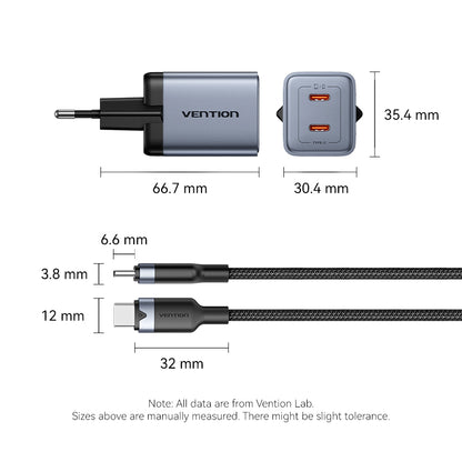 <tc>Vention</tc> 双口 USB (C + C) GaN 充电器 (45W/45W) 灰色，配 USB-C 转 USB-C 数据线 (1 米) 黑色欧标插头