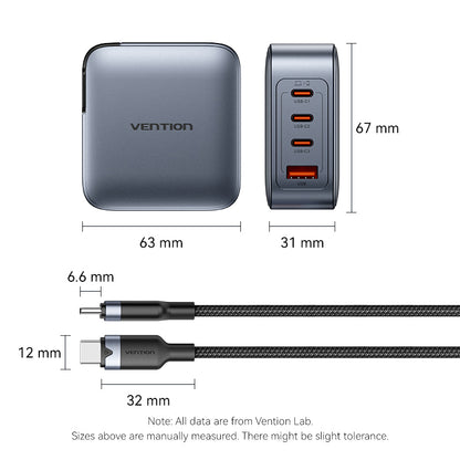 <tc>Vention</tc> Chargeur GaN 4 ports USB (C + C + C + A) (100 W/100 W/30 W/30 W) gris avec câble USB-C vers USB-C (1 m) noir et prise américaine