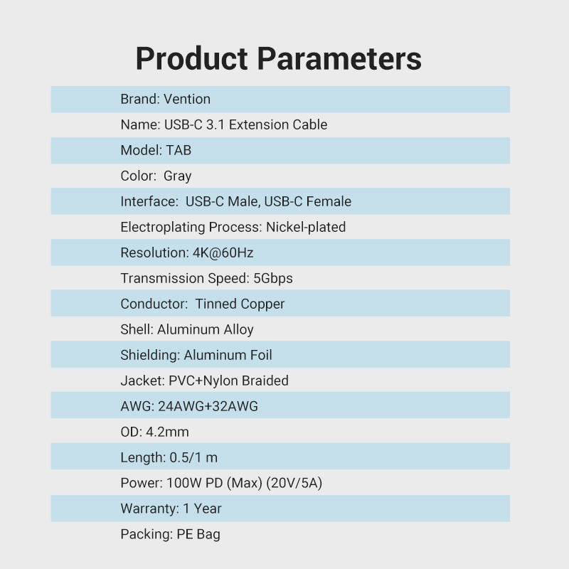 Vention Cotton Braided USB-C 3.1 Extension Cable