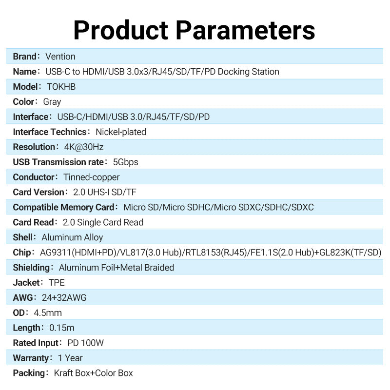Multi-function USB-C to HDMI/USB3.0x3/RJ45/SD/TF/PD Docking Station 0.15M Gray Aluminum Alloy Type