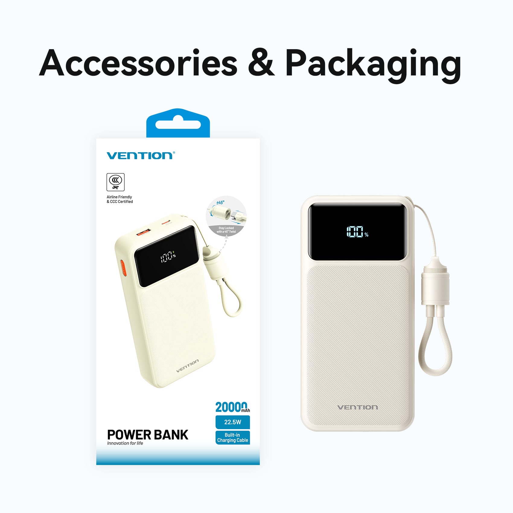 Vention 20000mAh Power Bank (USB-C + USB-A) with Built-in Cable 22.5W
