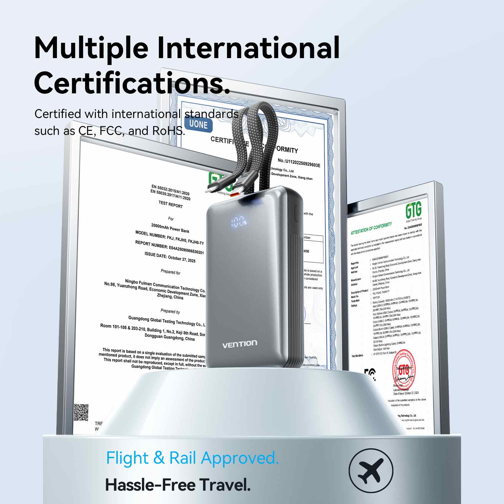 Vention 20000mAh Power Bank with Built-in USB-C and Lightning Cables 35W