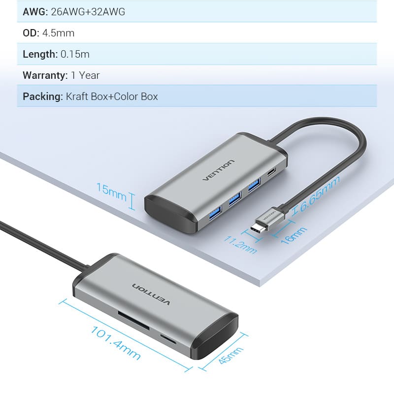 USB-C to USB3.0*3/TF/SD/PD Hub 0.15M Gray Aluminum Alloy Type