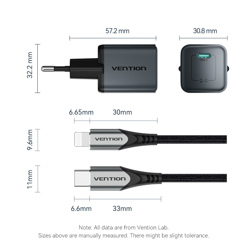 Vention 1-port USB-C GAN充电器（20W）灰色，USB-C到闪电电缆（1m）黑色EU-PLUG