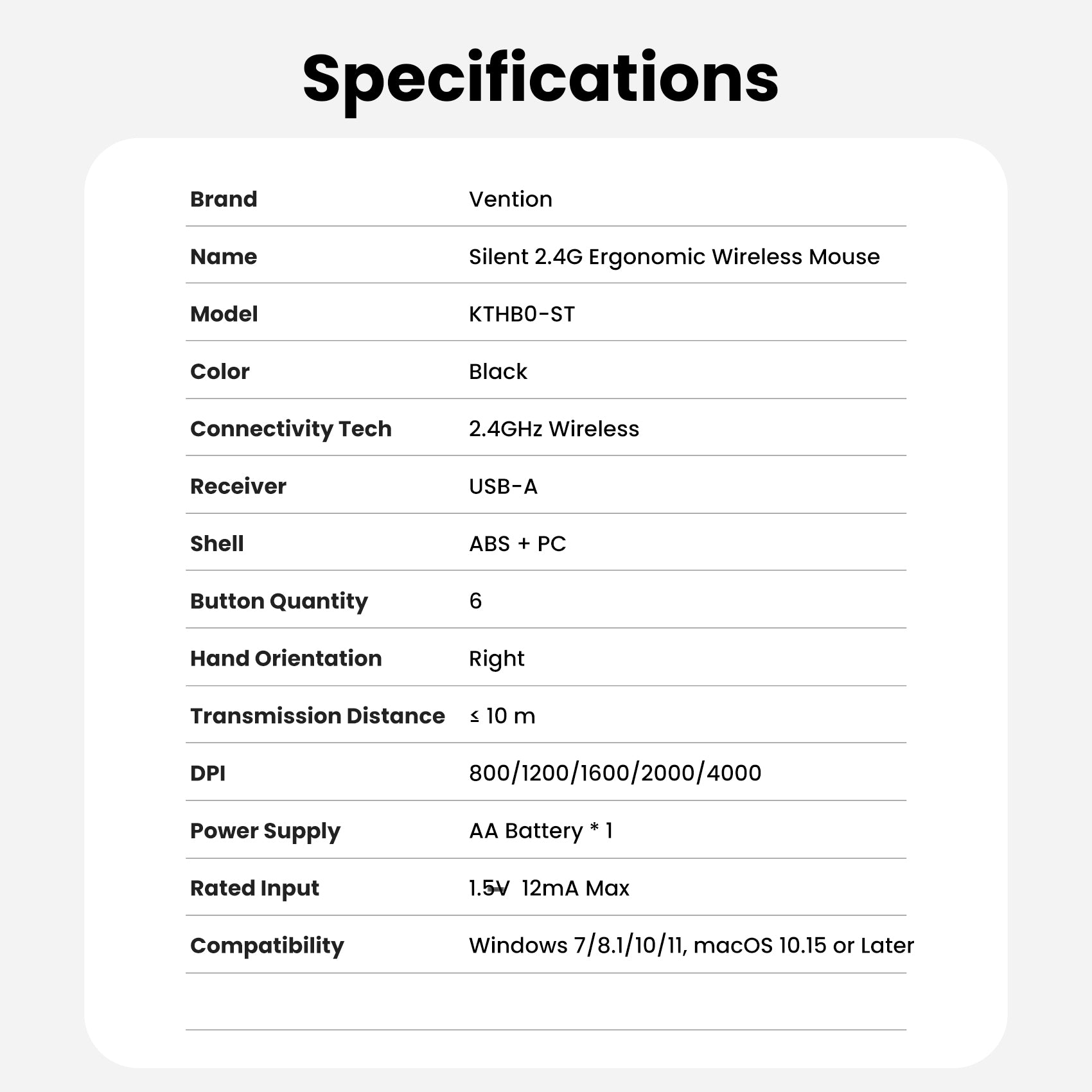 Vention 6-Button 2.4GHz Wireless Ergonomic Mouse Black Silent Type