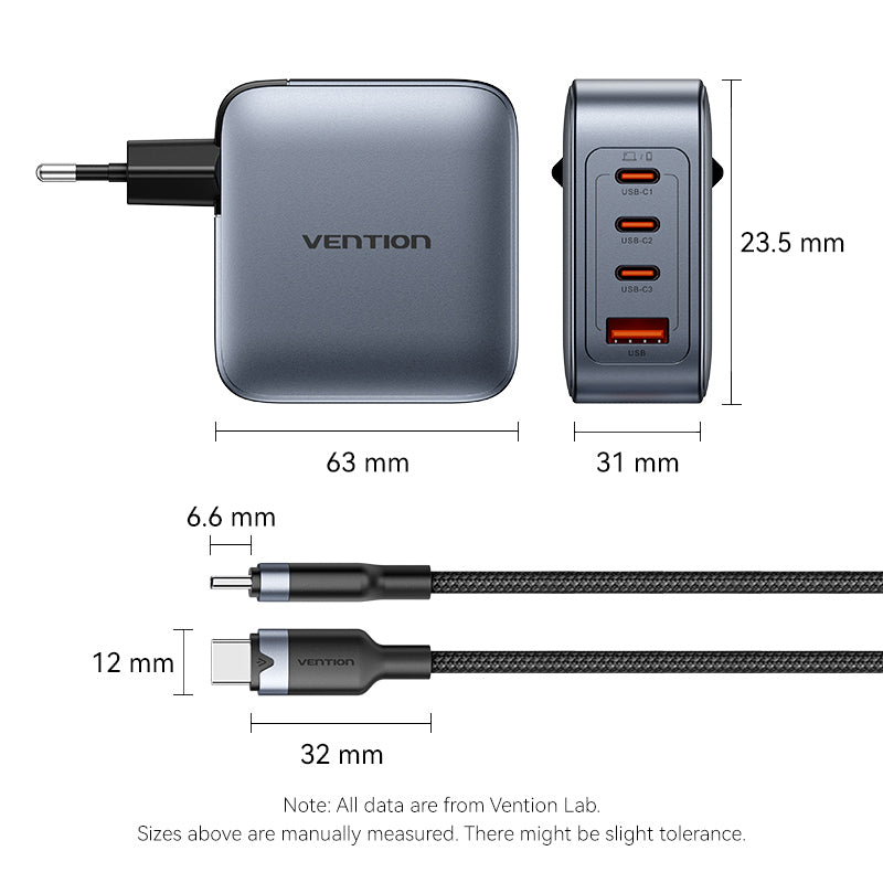 4-Port USB (C + C + A + A) Vention GaN Charger (100W/100W/30W/30W) Gray with USB-C to USB-C Cable (1M) Black EU-Plug