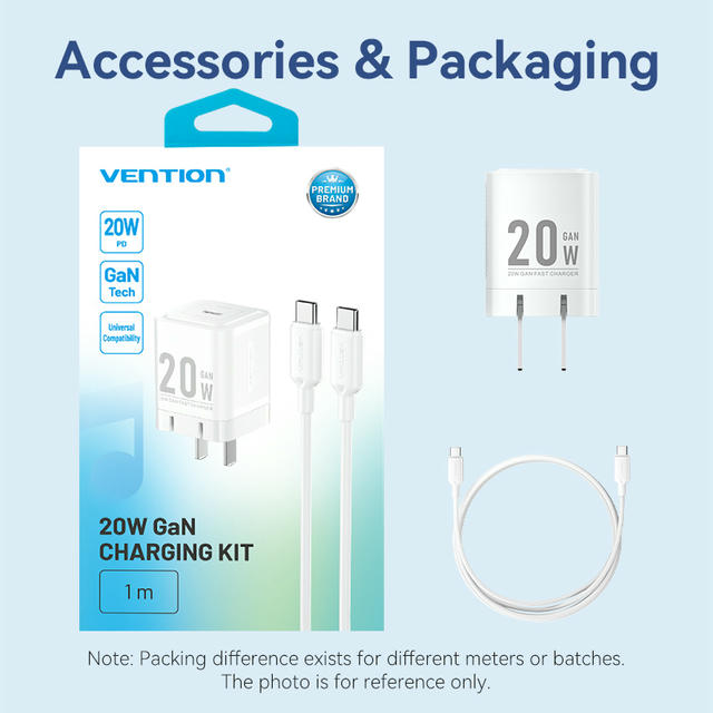 Vention 1-Port USB-C GaN Charger (20W) with USB-C to USB-C Cable (1M) US Plug