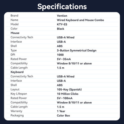 Vention USB Kablolu Tam Boyutlu Sessiz Klavye ve Fare Kombinasyonu Siyah İnce Tip - İspanyolca Düzeni