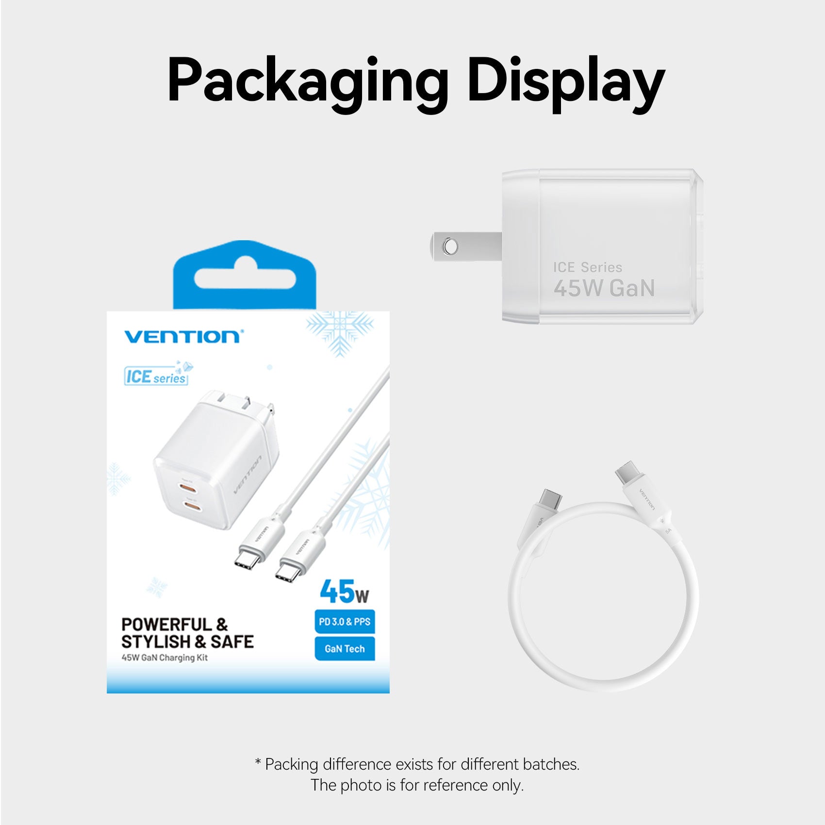 Vention 2-Port USB (C + C) GaN Charger (45W/45W) with 5A USB-C to USB-C Cable  US-Plug Gray