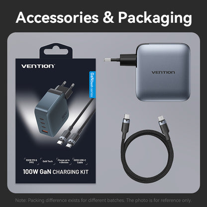 Vention 4-Port USB (C + C + C + A) GaN Charger (100W/100W/30W/30W) Gray with USB-C to USB-C Cable (1M) Black EU-Plug