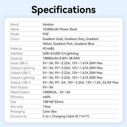 <tc>Vention</tc> Batterie externe 10 000 mAh (USB-C + Lightning + USB-A) 22,5 W avec écran LED