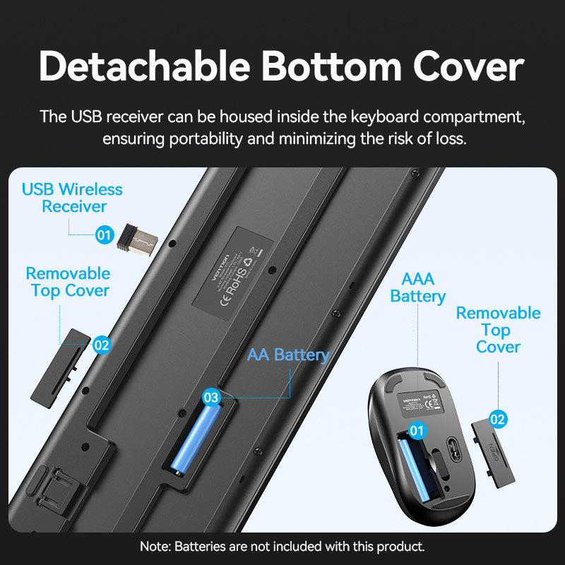 Vention Wireless Full-Sized Silent Keyboard and Mouse Combo Black Slim Type
