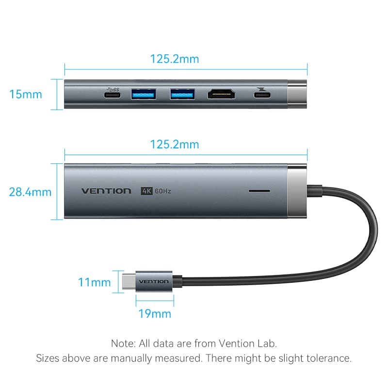 USB-C to HDMI/USB 3.2 Gen 1 Type-C/USB 3.0*2/RJ45/PD Docking Station 0.15M Gray Aluminum Alloy Type