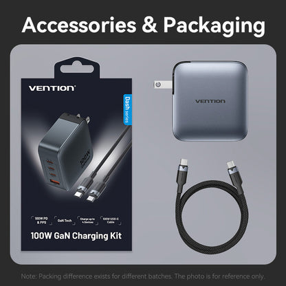 <tc>Vention</tc> Charger GaN 4 Port USB (C + C + C + A) (100W/100W/30W/30W) Colokan Inggris Warna Abu-abu