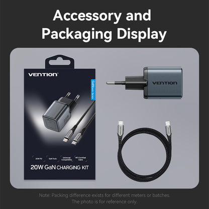 Vention 1 Portlu USB-C GaN Şarj Cihazı (20W) Gri, USB-C - Lightning Kablosu (1M) Siyah AB Fişi ile birlikte